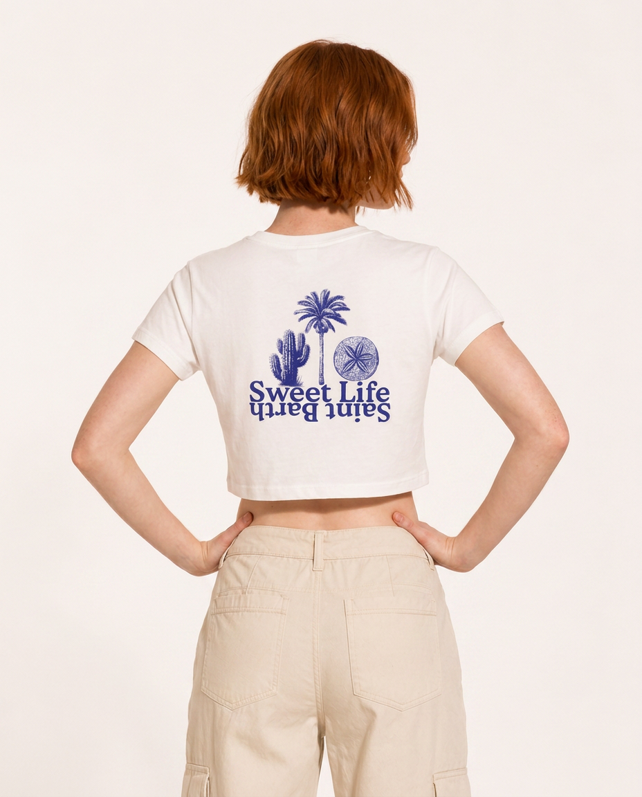 Crop t-shirt blanc imprimé Sweet Life Saint Barth en bleu marine