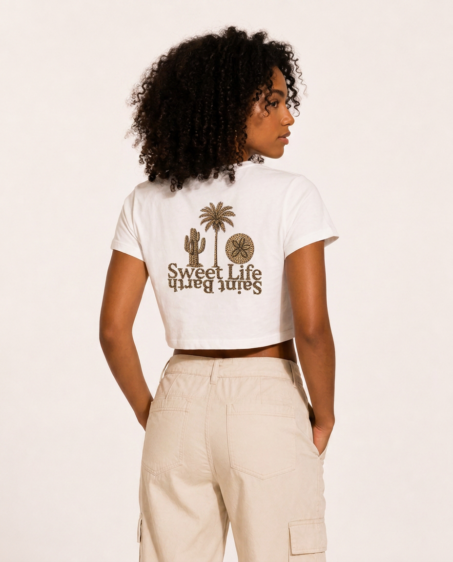 Crop t-shirt blanc imprimé Sweet Life Saint Barth en motif léopard
