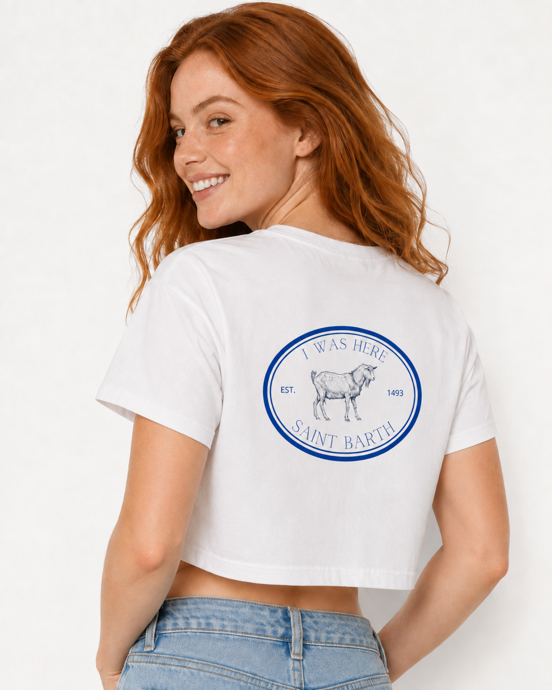 T-shirt blanc I WAS HERE au sceau Cabris Saint Barth, Est. 1493