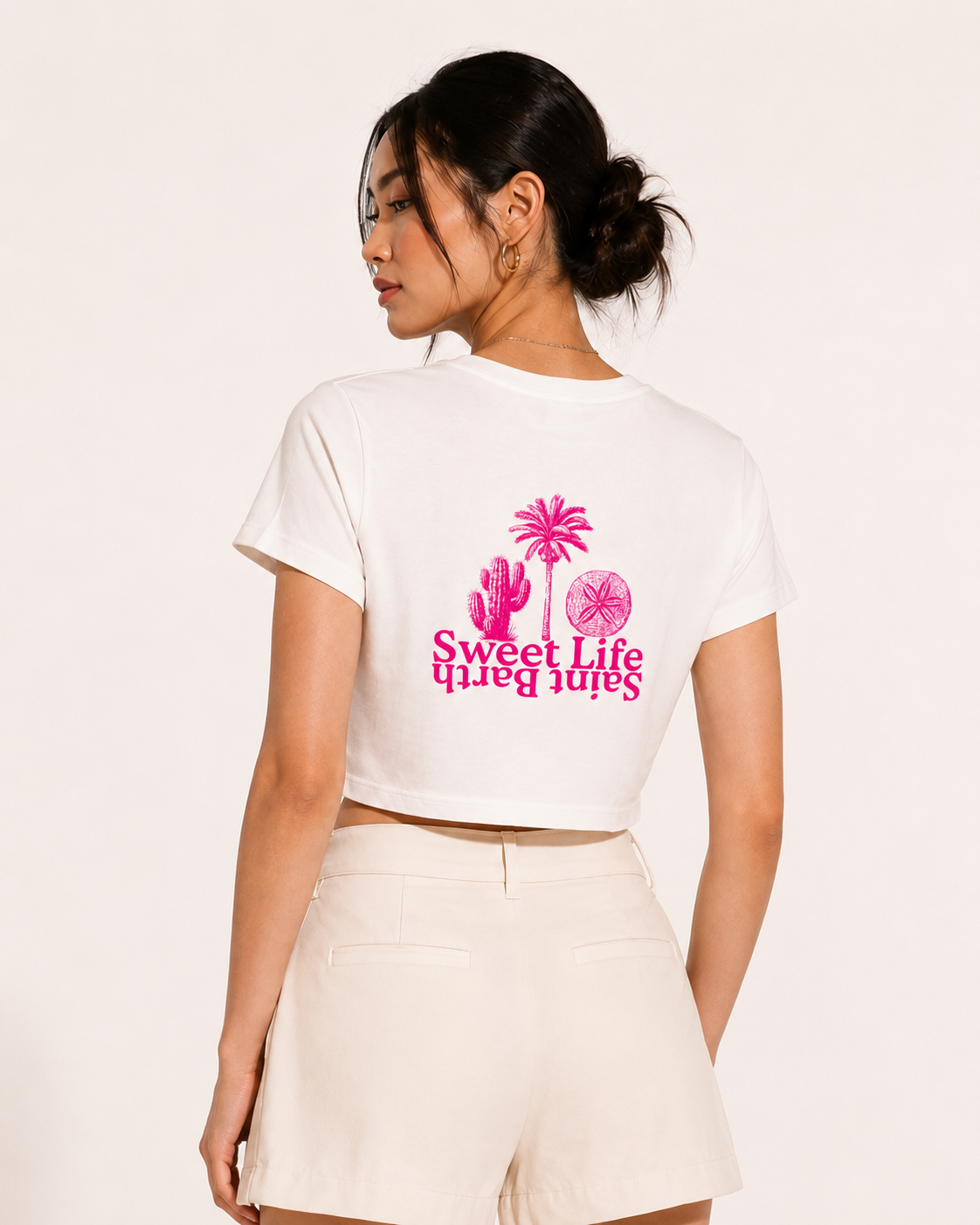 Crop t-shirt blanc imprimé Sweet Life Saint Barth en rose